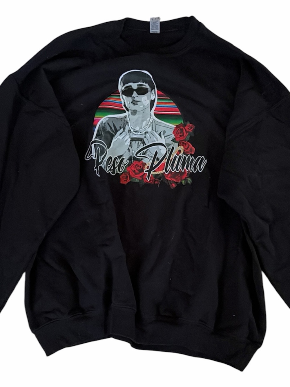 Gildan Black Peso Pluma Graphic Crewneck Sweater with Red Rose Accents